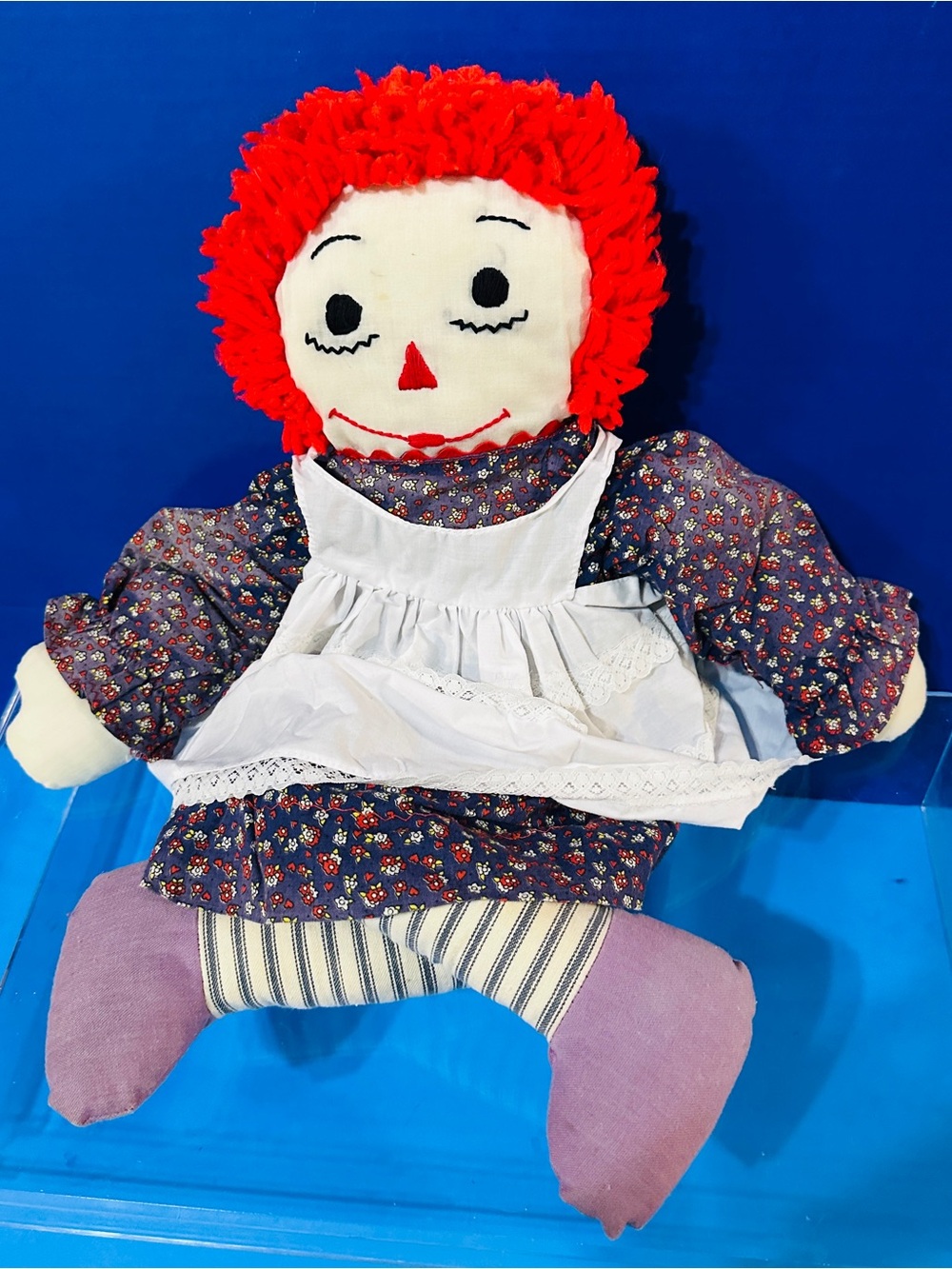 Raggedy Ann Handmade Vintage Rag Doll Purple Shoes, Hand Stitch Face & Heart 24”